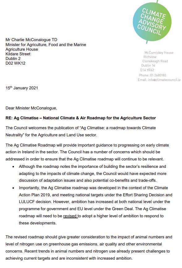 Climate Change Advisory Council letter regarding Ag Climatise